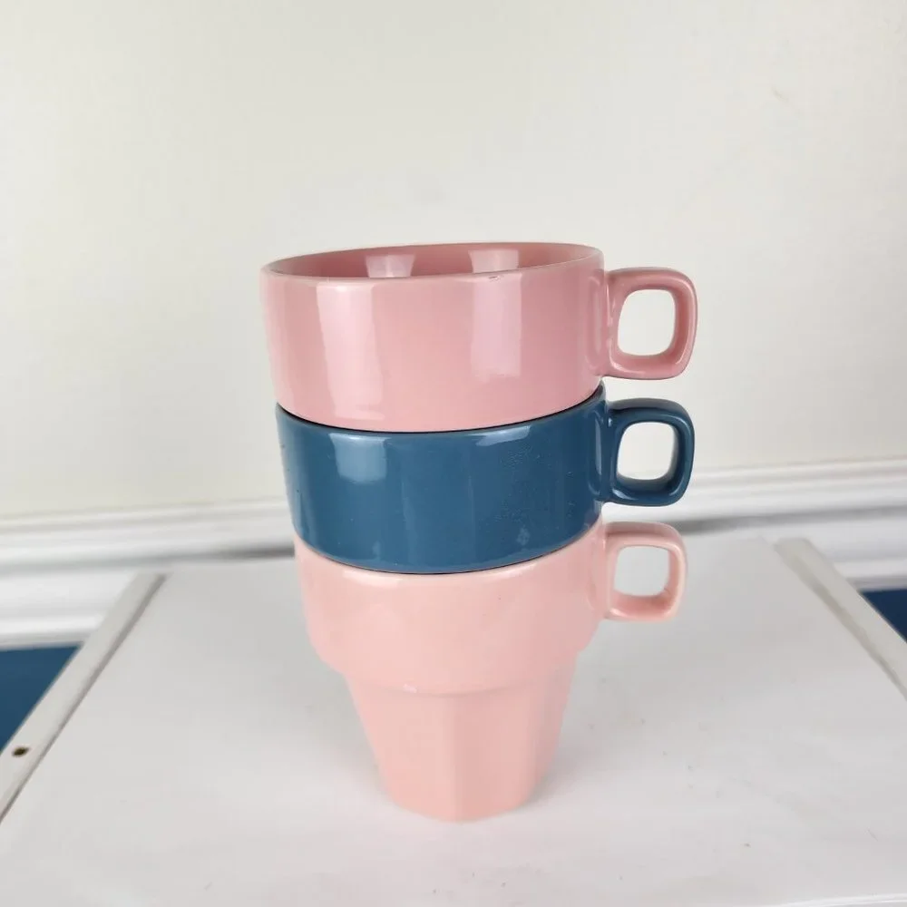Set of Three Pier 1 Flower Pot Stoneware Stackable Coffee Mugs